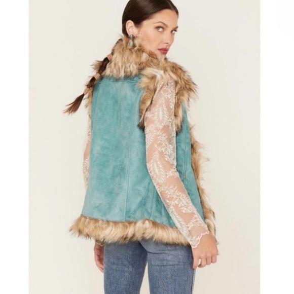 Tasha Polizzi Y2K Penny Lane Suede Faux Fur Luxe Sleeveless Vest Turquoise Teal - Picture 15 of 16